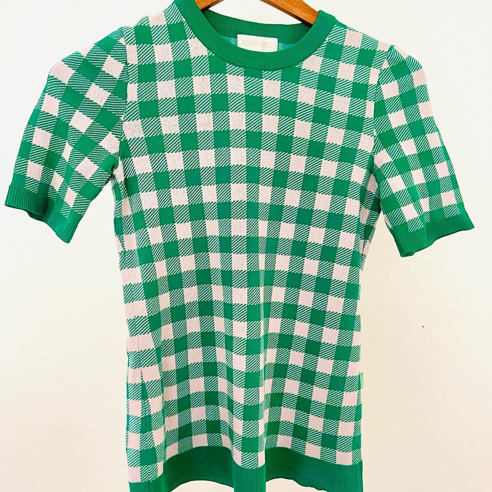Ronny Kobo Green and White Plaid Check Short Sleeve Sweater Size Small